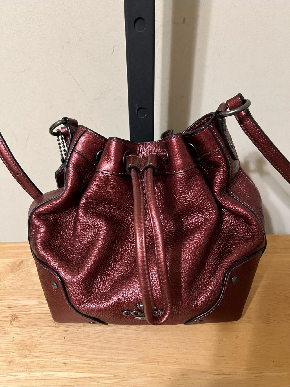 Coach Baby Mickie Metallic Burgundy Drawstring Leather Bucket Bag